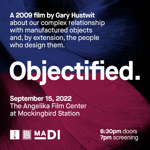 A poster for "Objectified," a 2009 film by Gary Hustwit, with a dark blue and pink abstract background.