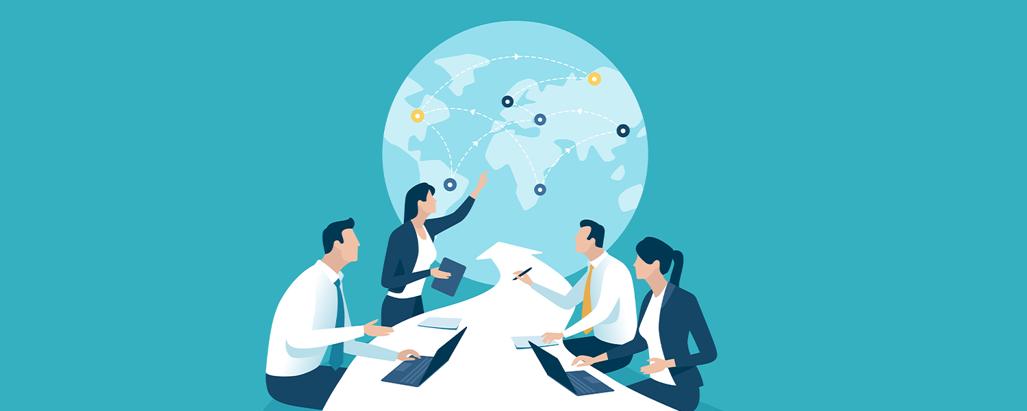 An illustration of four people in business suits sitting at a winding arrow as if it were a table. The people are in discussion. There is a globe in the background with cities dotted on it.