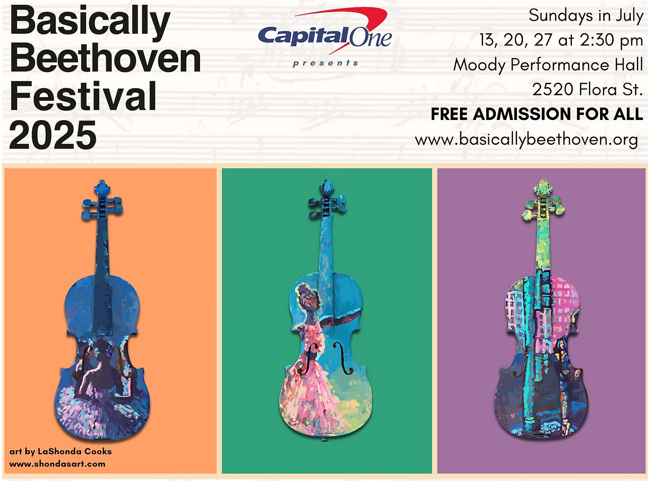 Flyer for Basically Beethoven Festival featuring three colorful violins.