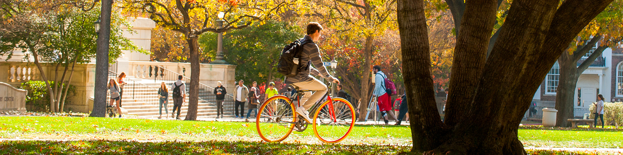 A student bikes through campus with a burst of fall colors around him. 