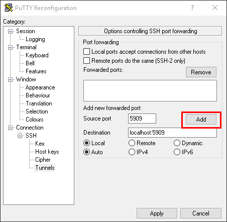 PuTTY add Tunnels