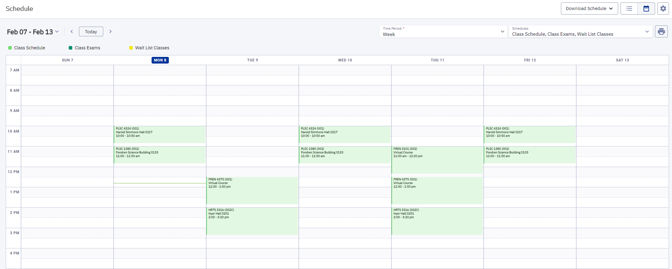 A screenshot of an example class schedule as shown in the Student Dashboard.