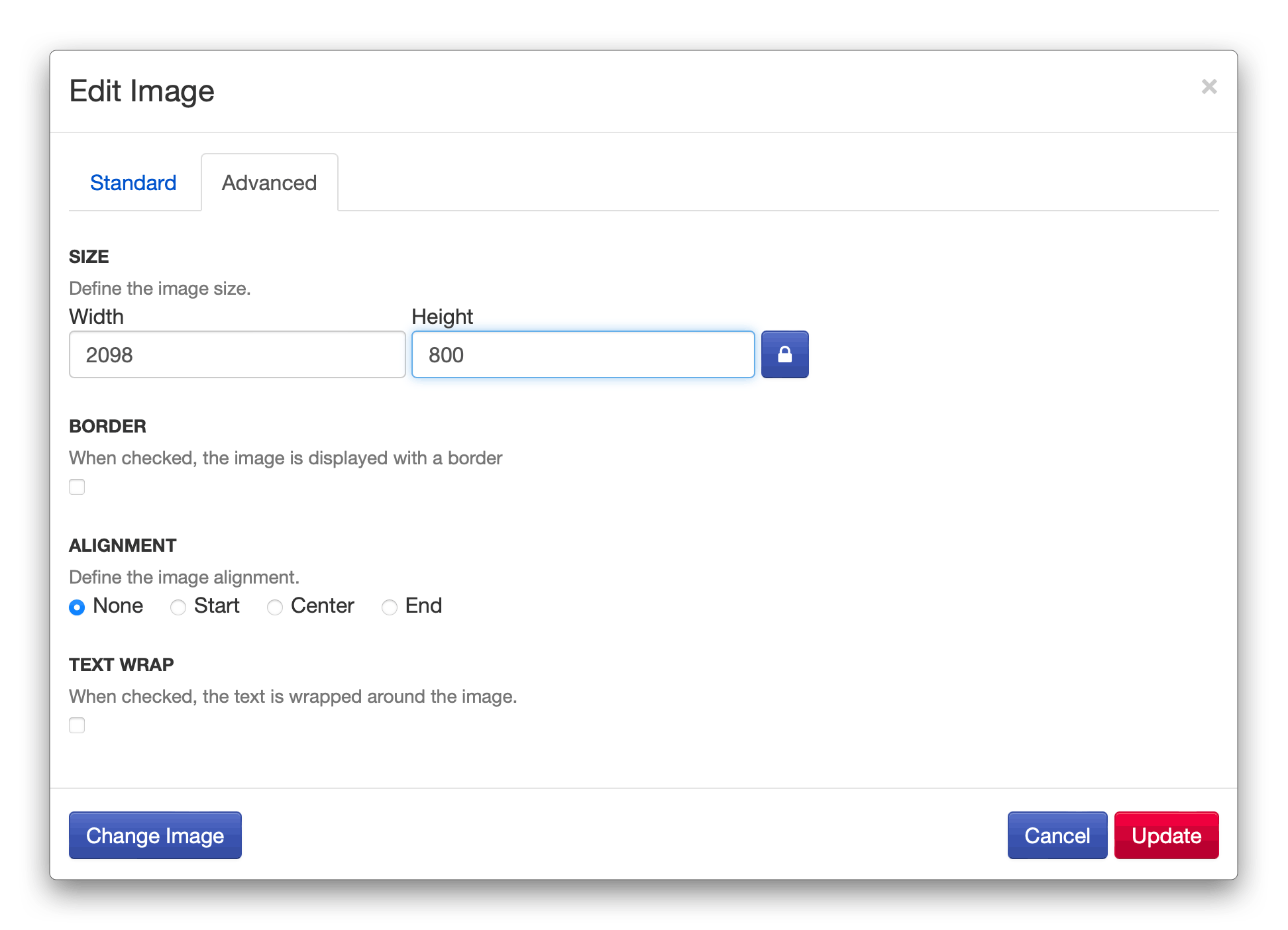 screenshot of XWiki Advanced Image Properties window with the user entering 800 for the width in pixels. 