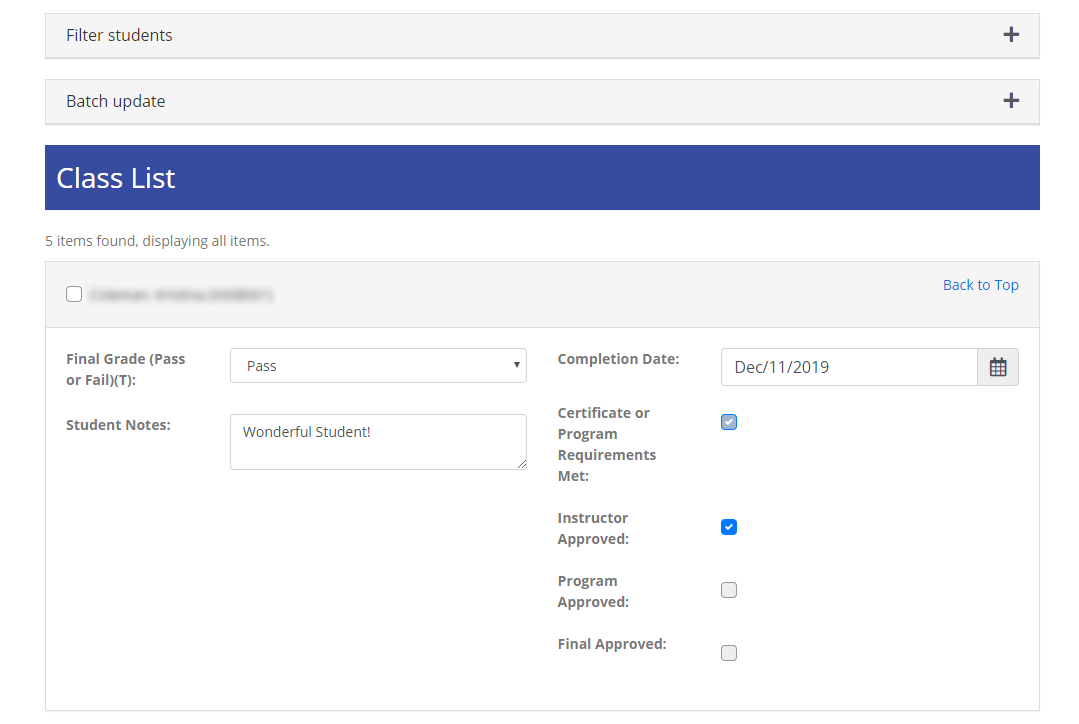 grade entry form