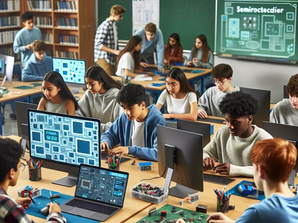 An artificially generated image of high-school students working on collaborative project involving circuit boards.
