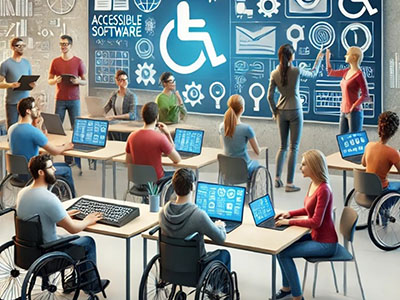Students in a classroom use adaptive technology on laptops and tablets. A large display shows accessibility icons and a person points at them.