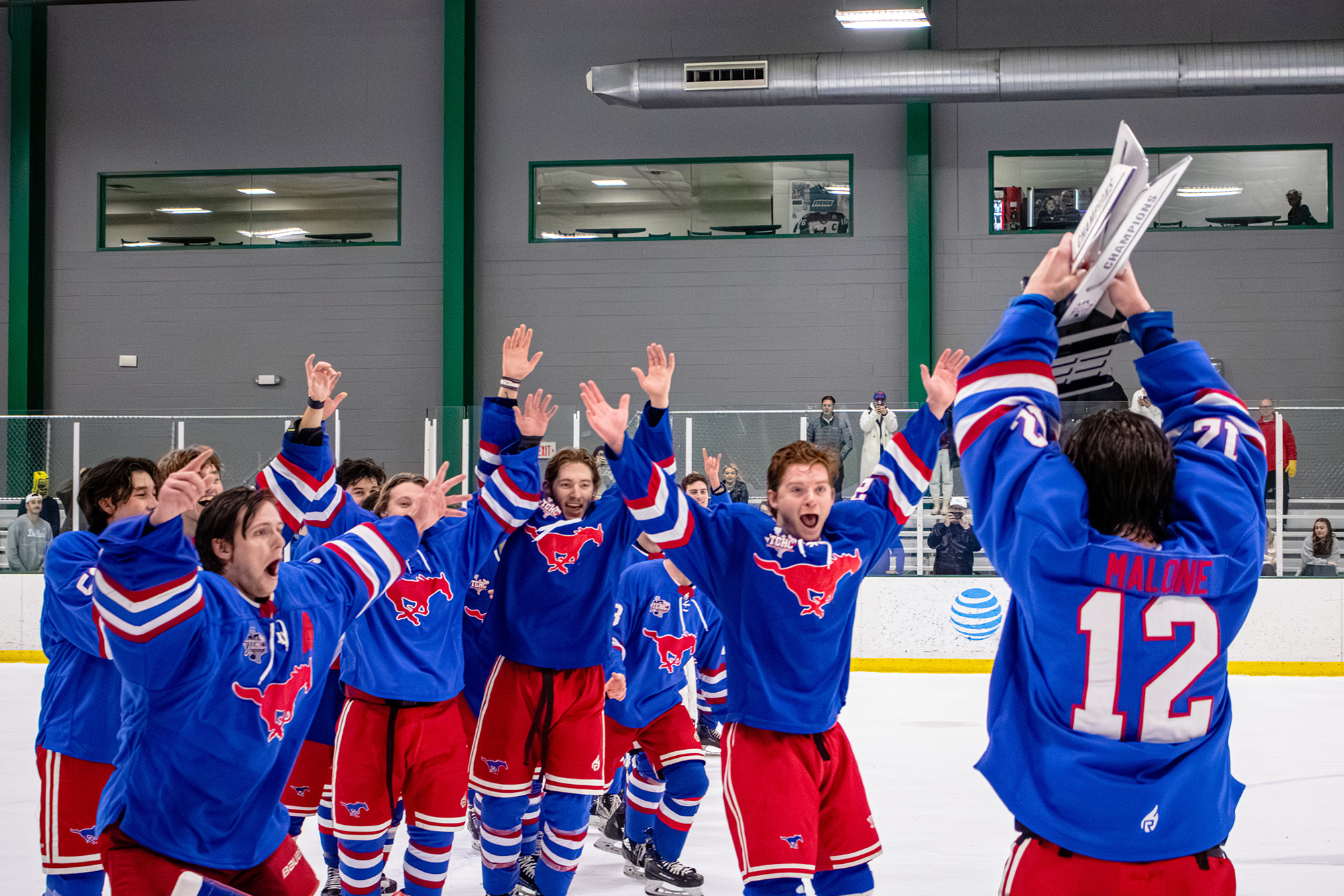 hockey team in red in blue uniforms celebrating