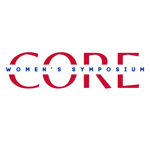 CORE in red with women's symposium in blue across the middle